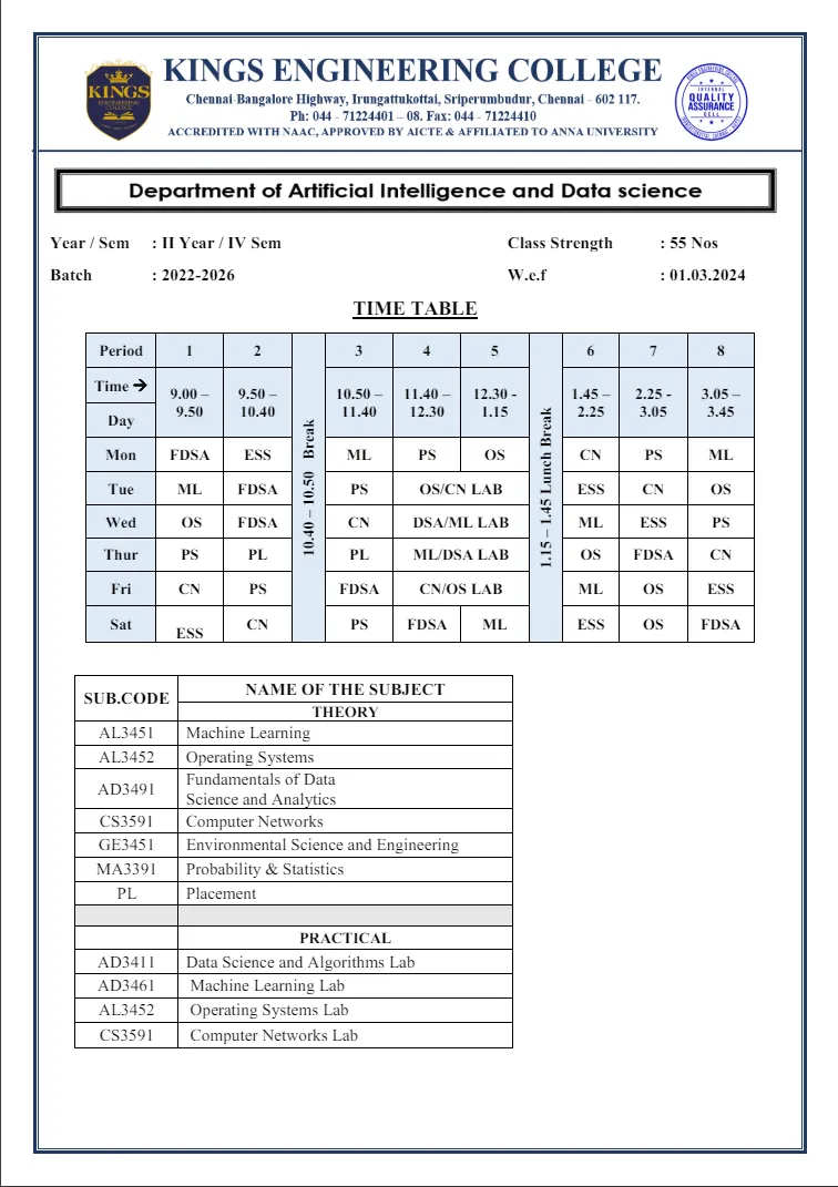 Academic Time Table 1